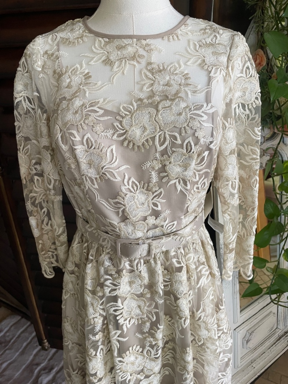 NWT Eliza J Gold Lace Dress with Belt Pockets Bridal Mitzvah Elegant 4P - Picture 2 of 16